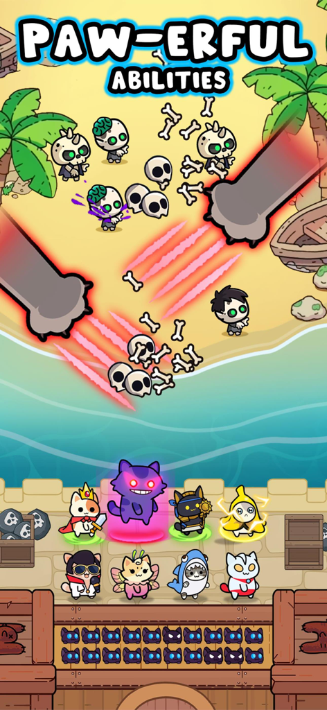 Kitty Keep™ - Cartoon cat heroes using powerful claw abilities to defeat skeleton enemies on a beach in Kitty Keep tower defense game