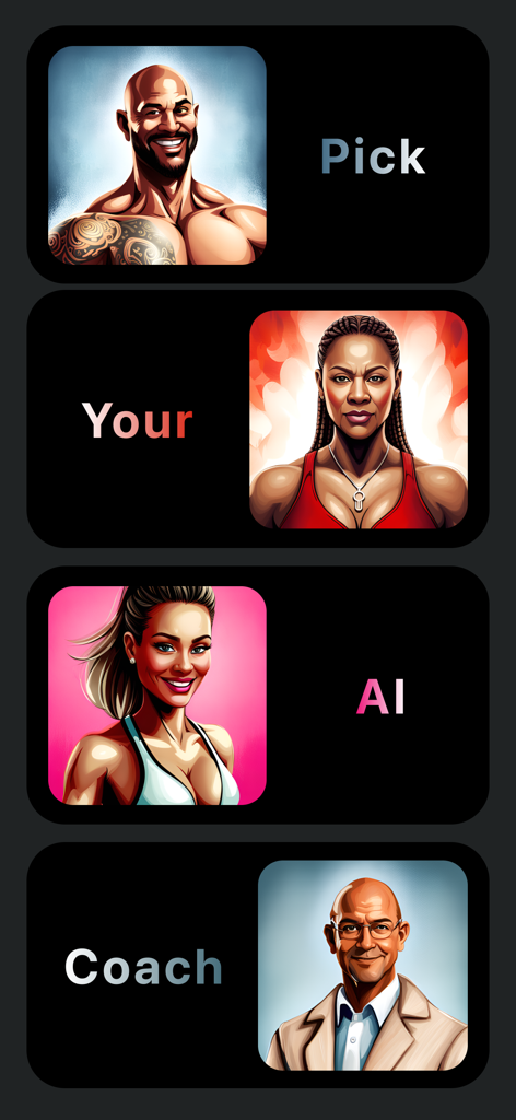 FitBot AI-Powered Fitness Chat - Pick your AI fitness coach screen with four different avatar options