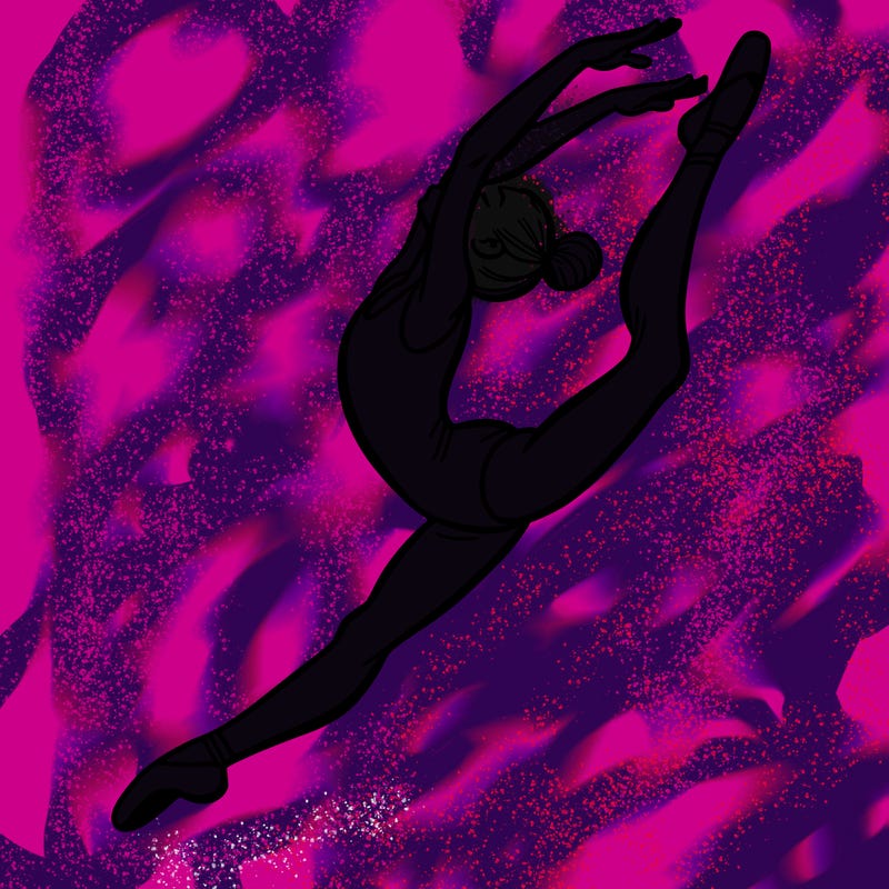 gymnast doing a leap in a leotard with a bent back leg