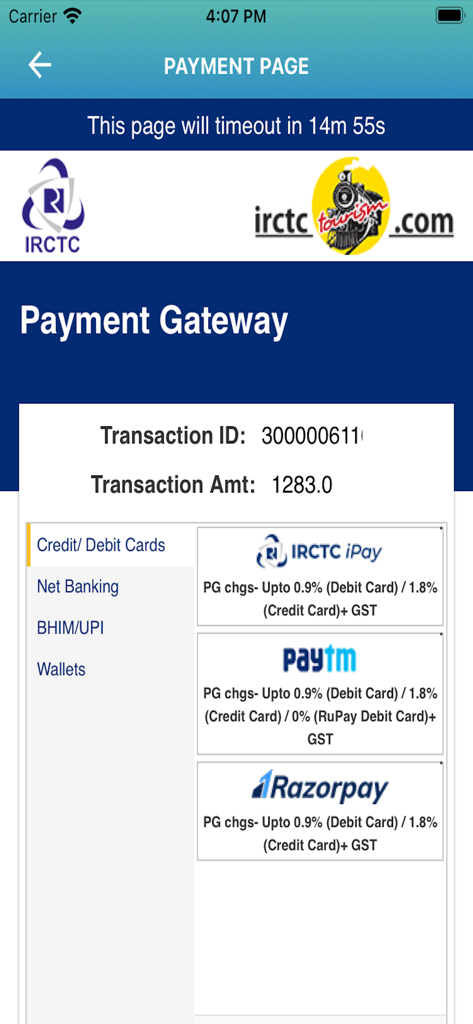 The payment gateway screen of the IRCTC Tourism app featuring transaction details and various payment methods.