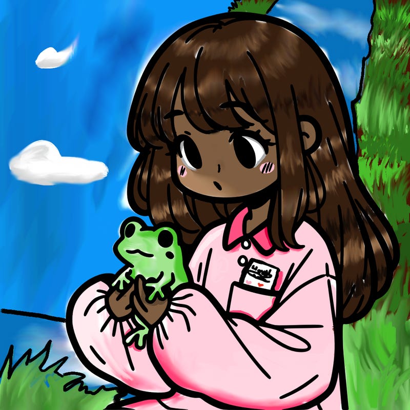 girl with long hair and a oversized shirt. and she is holding a frog