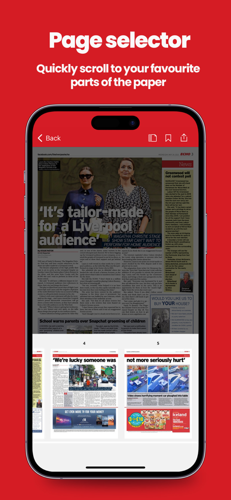 Liverpool Echo Newspaper - Interfaz de la aplicación Liverpool Echo que muestra la función de selector de página para navegar por las páginas del periódico digital.