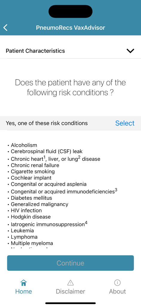 PneumoRecs VaxAdvisor app screen listing patient risk conditions for vaccination guidance.