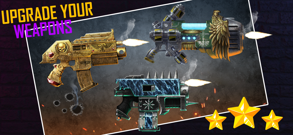 Gun Sounds: Real Gun Simulator - Pantalla de tres skins de armas de fantasía personalizadas con destellos de boca bajo el texto: Mejora tus Armas