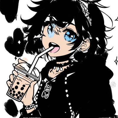hot baddie anime girl drinking boba and biting the straw
