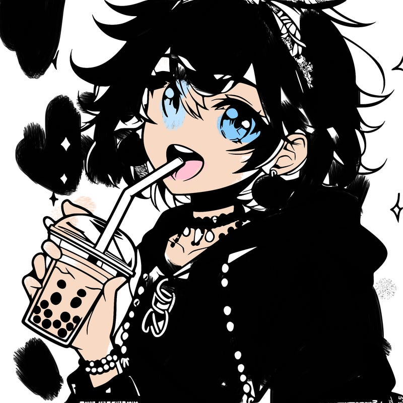 hot baddie anime girl drinking boba and biting the straw