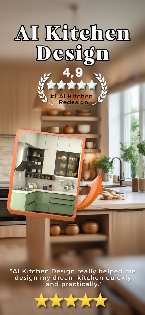 AI Kitchen Designer & Budget - Werbebildschirm für die KI Küchen-Design-App mit einer 4,9-Sterne-Bewertung und einem Benutzer-Testimonial mit einer Vorschau einer modernen Küchenneugestaltung.