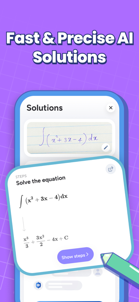 MathPro・AI Photo Math Solver - MathPro app showing a handwritten calculus integral solved by AI with step by step explanations