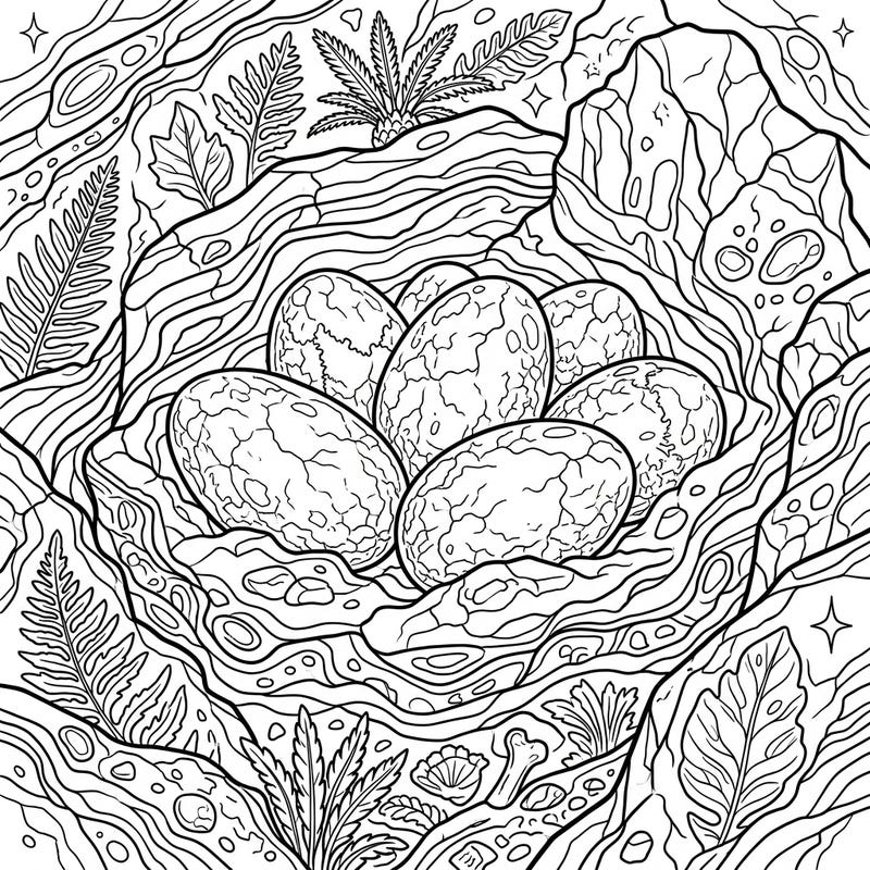Embark on an ancient adventure with this intricately detailed coloring page featuring fossilized dinosaur eggs. Discover a prehistoric nest surrounded by unique rock formations and primeval plants, ready for your creative touch.