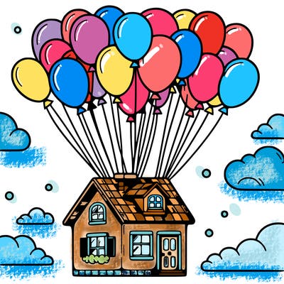 house floating from lots of balloons