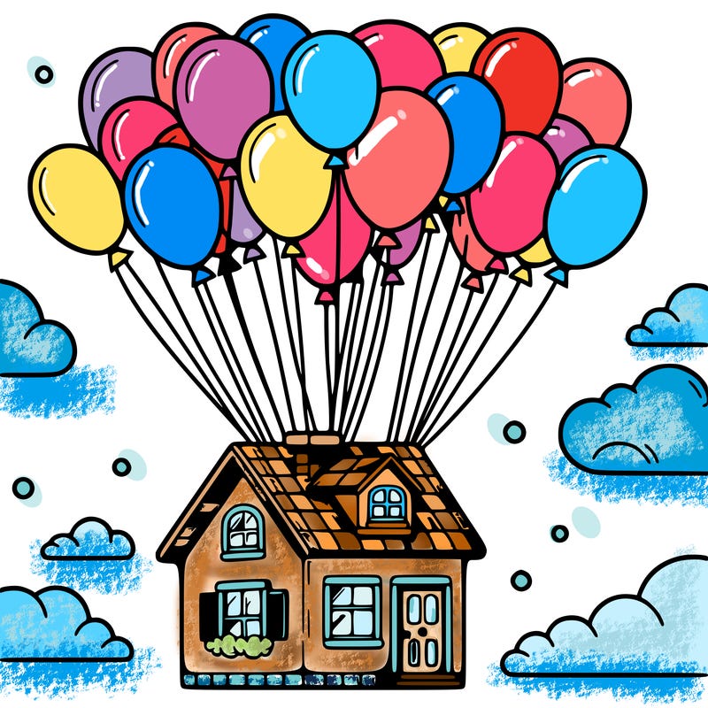 house floating from lots of balloons