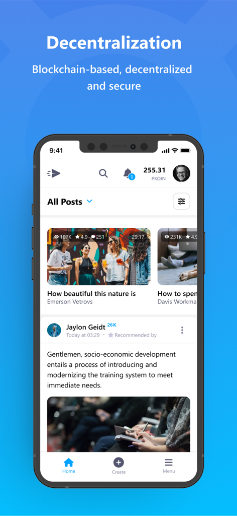Bastyon - Bastyon app screenshot displaying a decentralized social media feed and cryptocurrency balance.