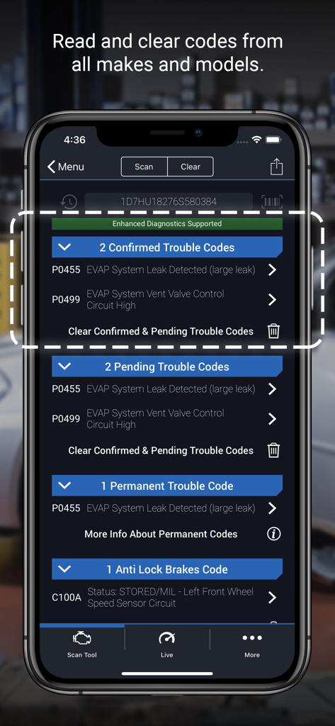 BlueDriver app displaying confirmed pending and permanent vehicle diagnostic trouble codes