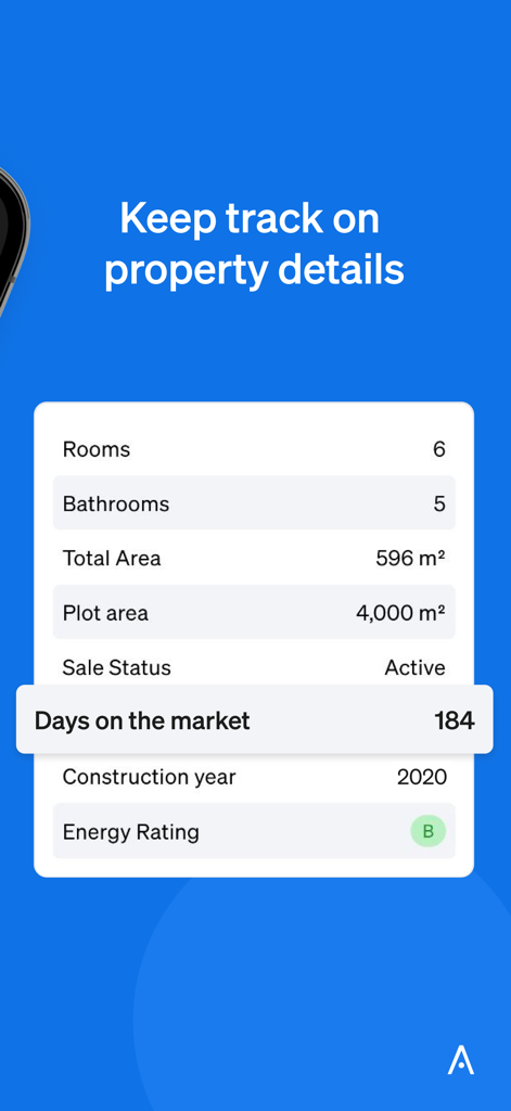 Aplicación Casafari AI que muestra especificaciones de la propiedad, incluidas habitaciones, baños y días en el mercado