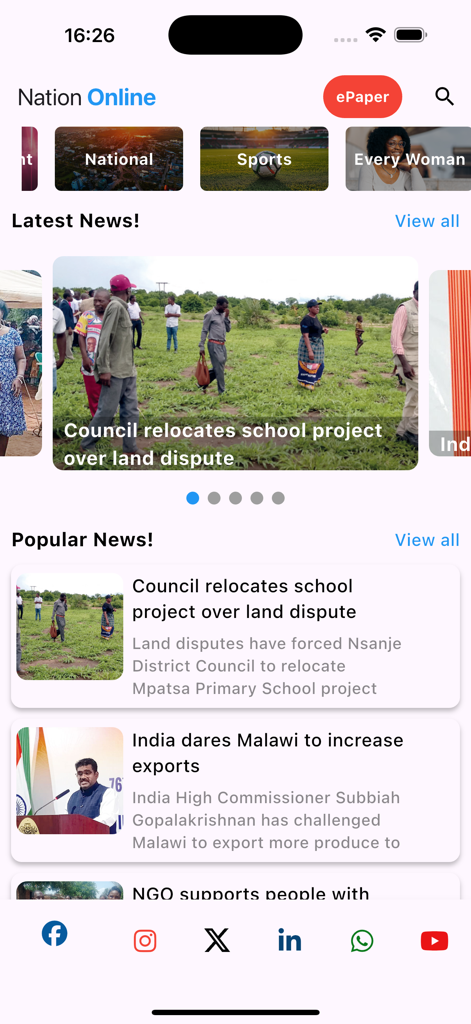 Nation Online - Home screen of the Nation Online app showing latest news categories and articles from Malawi.