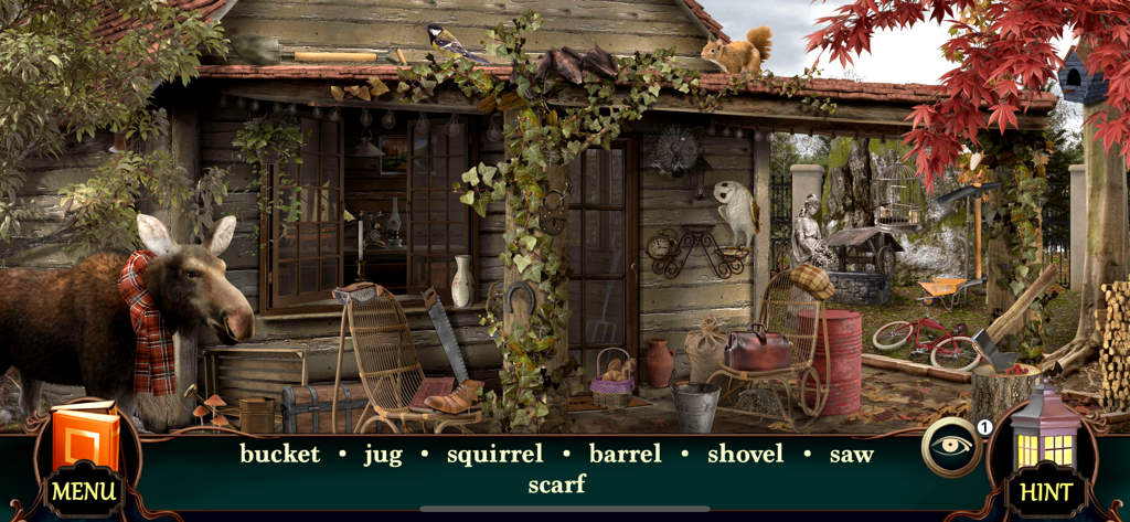 Scène de jeu d'objets cachés dans une cabane rustique