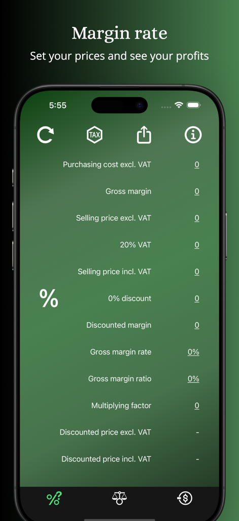 ProCalc.app: Margin, BreakEven - A mobile interface of the ProCalc app showing the margin rate calculator with fields for purchasing costs gross margin and selling price