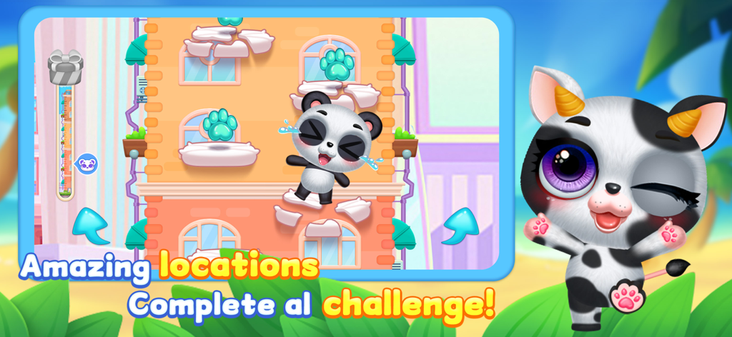 Cute Pets Dream Paradise - 화면에 귀여운 소 고양이 펫이 있는 미니 게임 챌린지에서 플랫폼을 뛰어다니는 만화 팬더