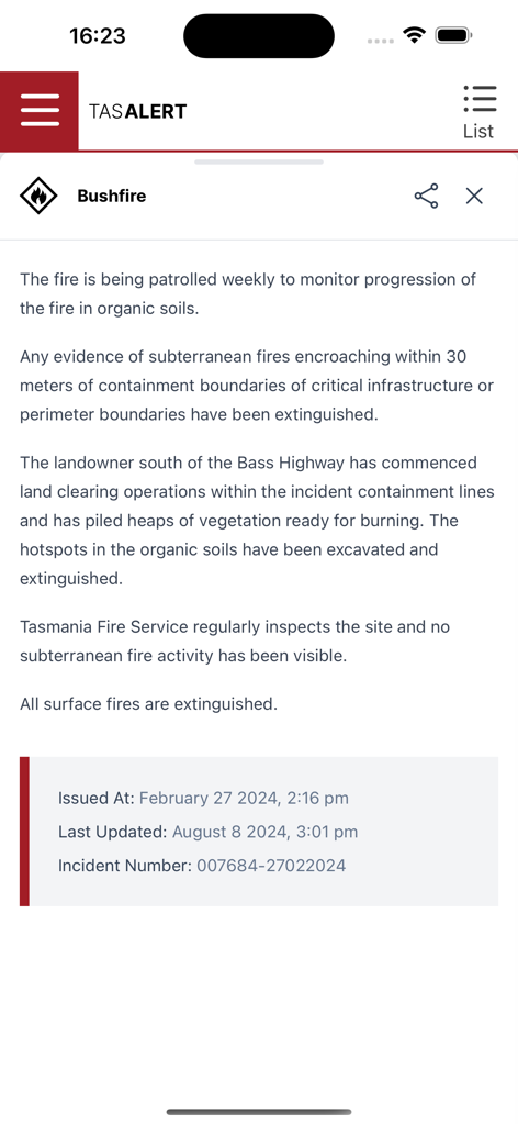 TasALERT - A mobile screen from the TasALERT app showing official bushfire status updates and emergency incident details.