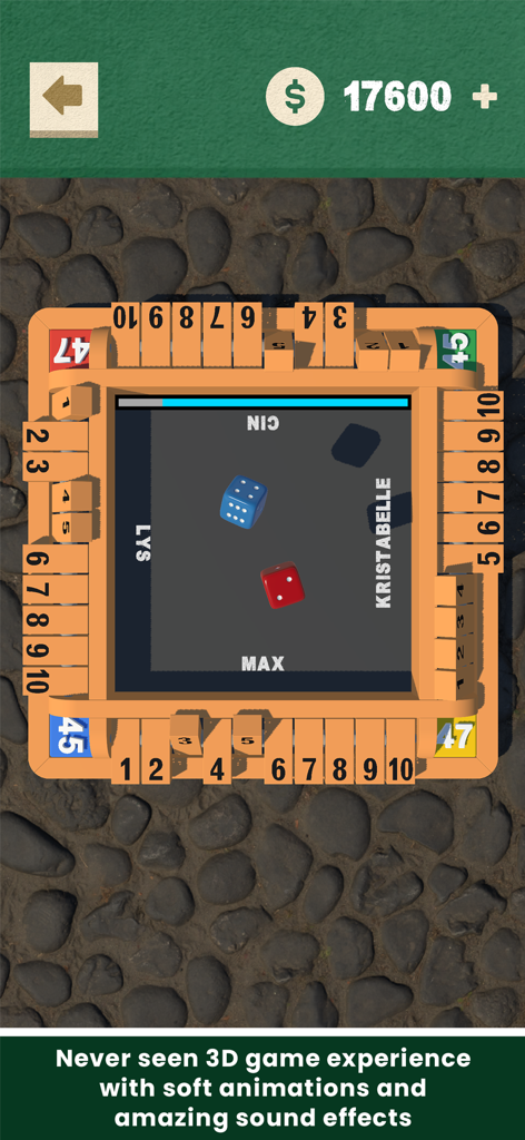 Shut The Box - Dice Board Game - Vista cenital de un juego de mesa Shut The Box de madera en 3D con cuatro posiciones de jugador y dados girando