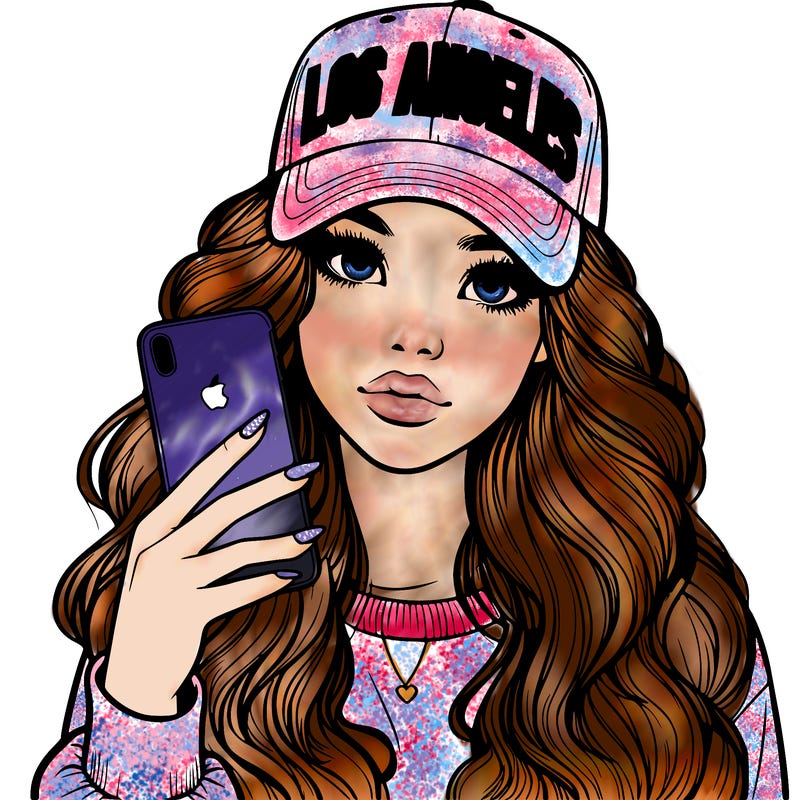 realistic beautiful girl wearing los ángeles cap holding an iphone