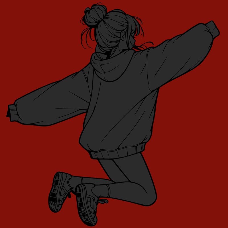 realistic girl jumping with a bun and oversized sweatshirt