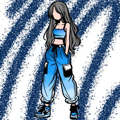 girl in baggy pants crop top and long hair