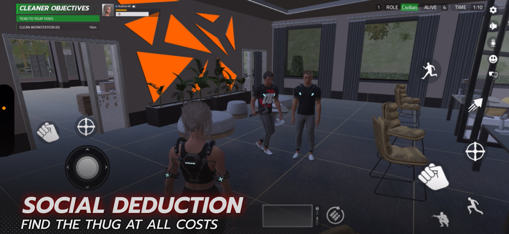 KOMPETE Early Access - Escena de juego del modo de deducción social de KOMPETE donde los jugadores identifican al matón