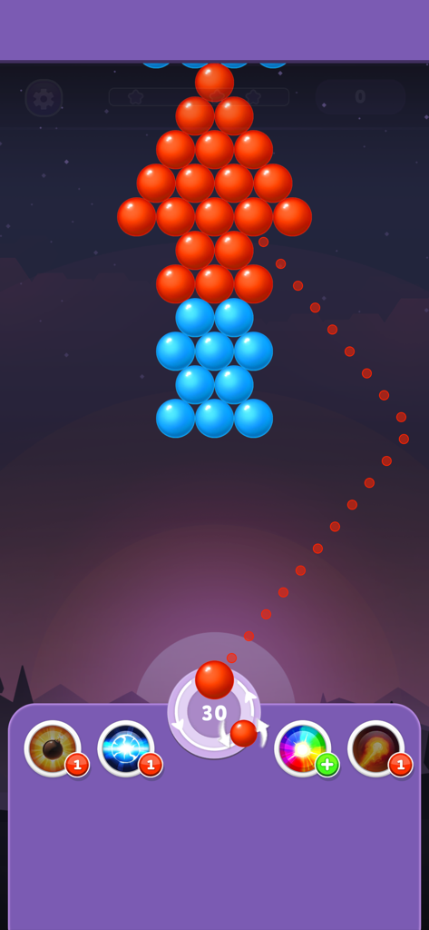 ‎Bubble Shooter Rainbow - Gameplay of Bubble Shooter Rainbow showing a red and blue bubble arrow formation and the aiming trajectory