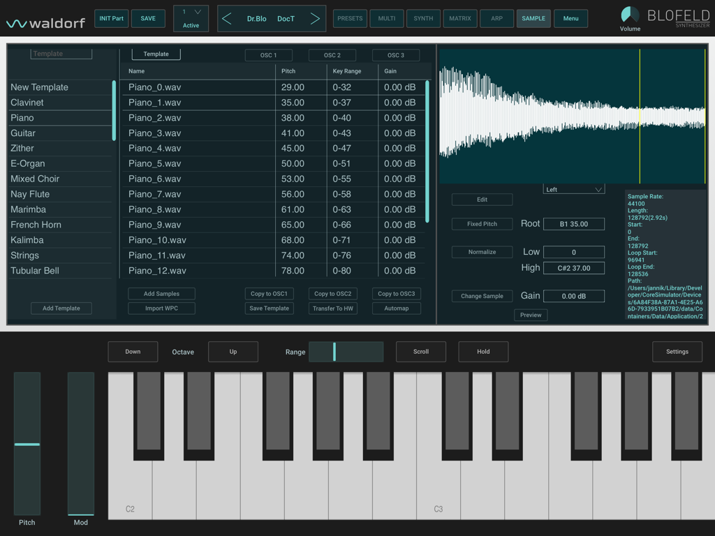 Blofeld - Waldorf Blofeld iPad app sample editor showing waveform and file list