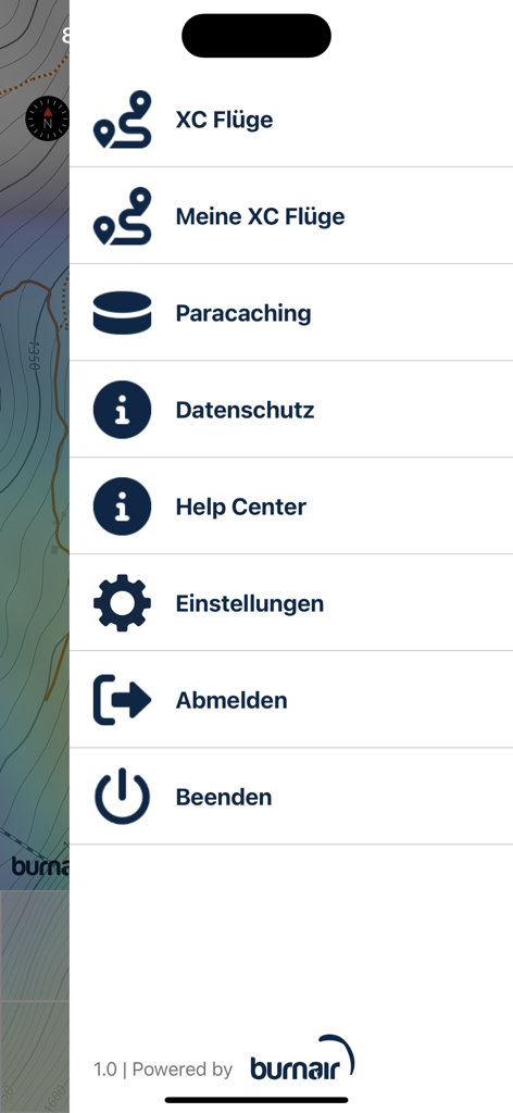 burnair Go - The main menu screen of the burnair Go app for paragliders showing XC flight and paracaching options.