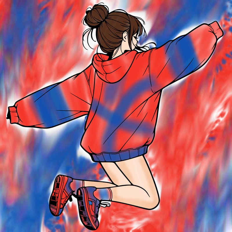 realistic girl jumping with a bun and oversized sweatshirt