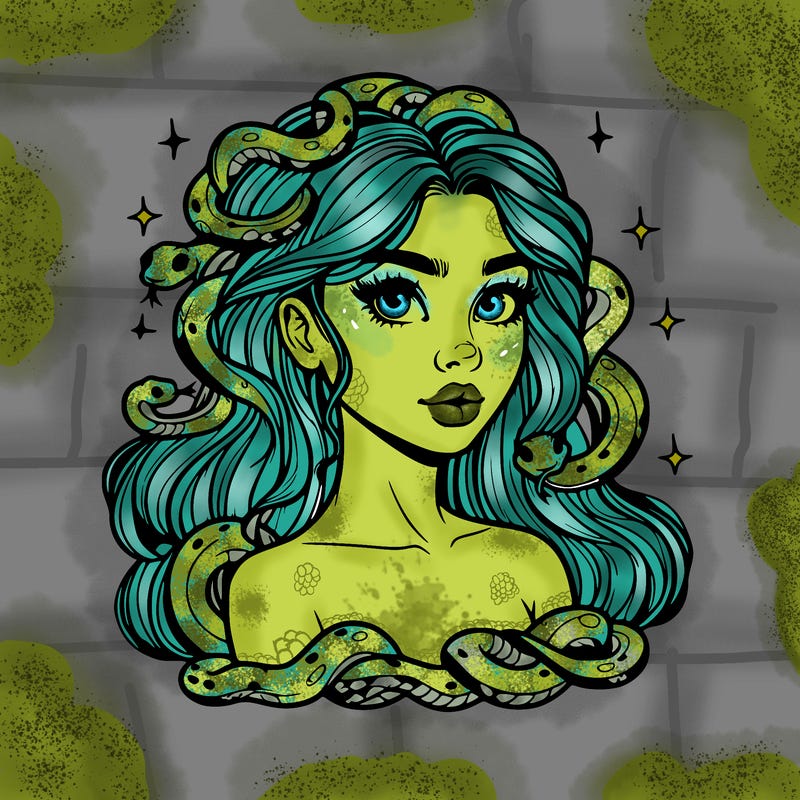 realistic girl with snakes as hair