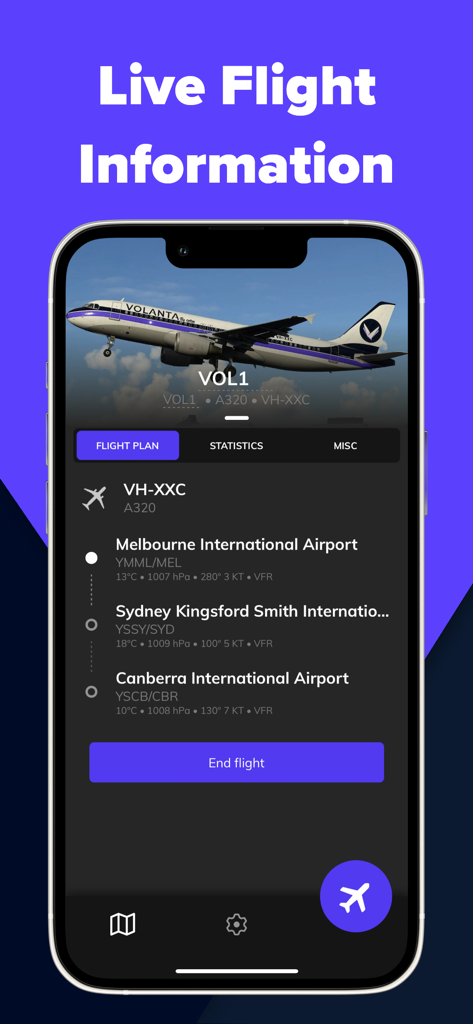 Screenshot der Volanta mobilen App, die Live-Fluginformationen und einen Flugplan von Melbourne nach Canberra anzeigt.
