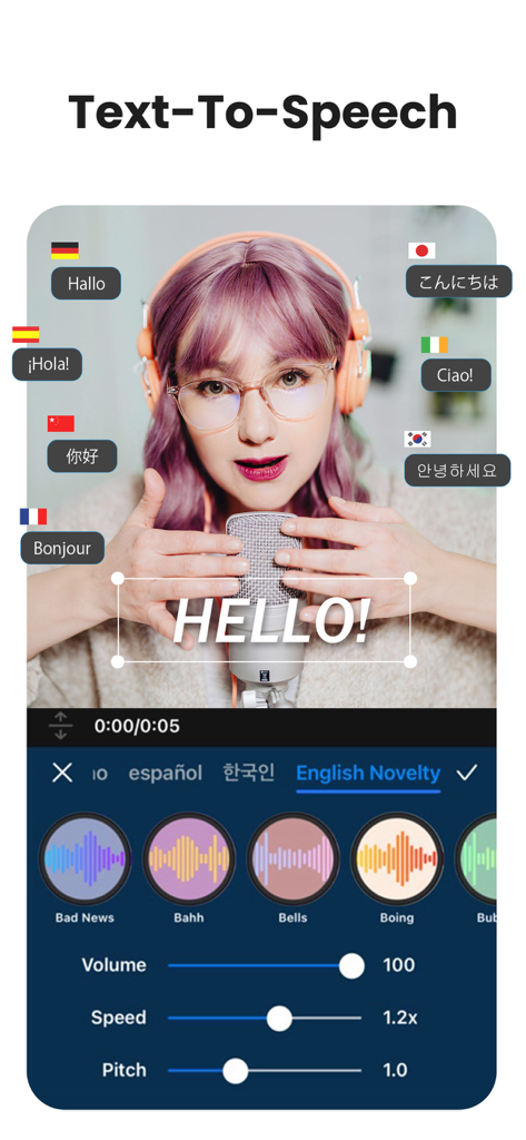 PowerDirector: AI Video Editor - Interfaz de la aplicación móvil PowerDirector mostrando la función de IA de texto a voz con traducciones multilingües y efectos de voz.