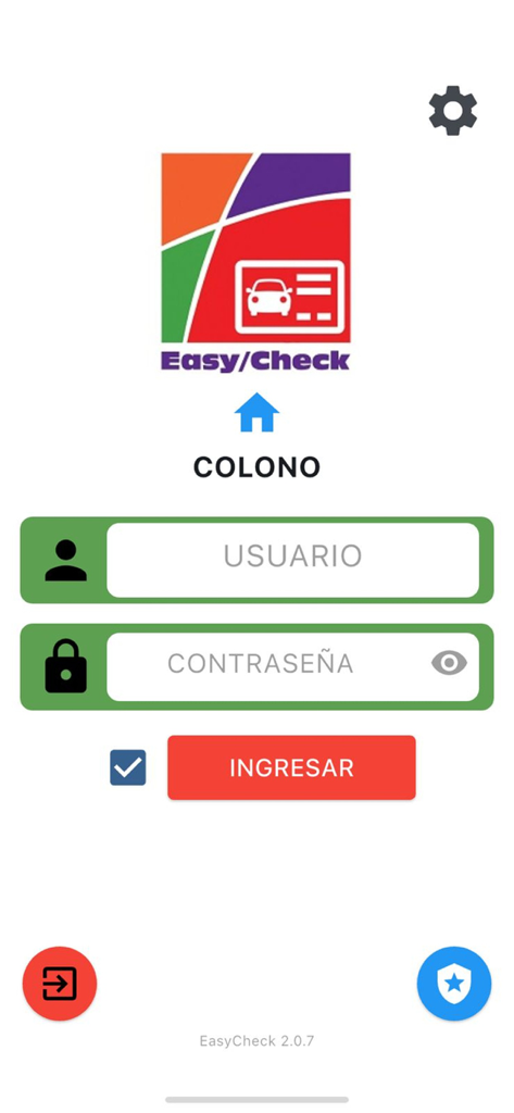 Easy/Check Fraccionamientos - Pantalla de inicio de sesión de la aplicación Easy Check Fraccionamientos con campos de nombre de usuario y contraseña para residentes
