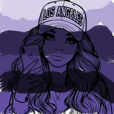 realistic beautiful girl wearing los ángeles cap holding an iphone