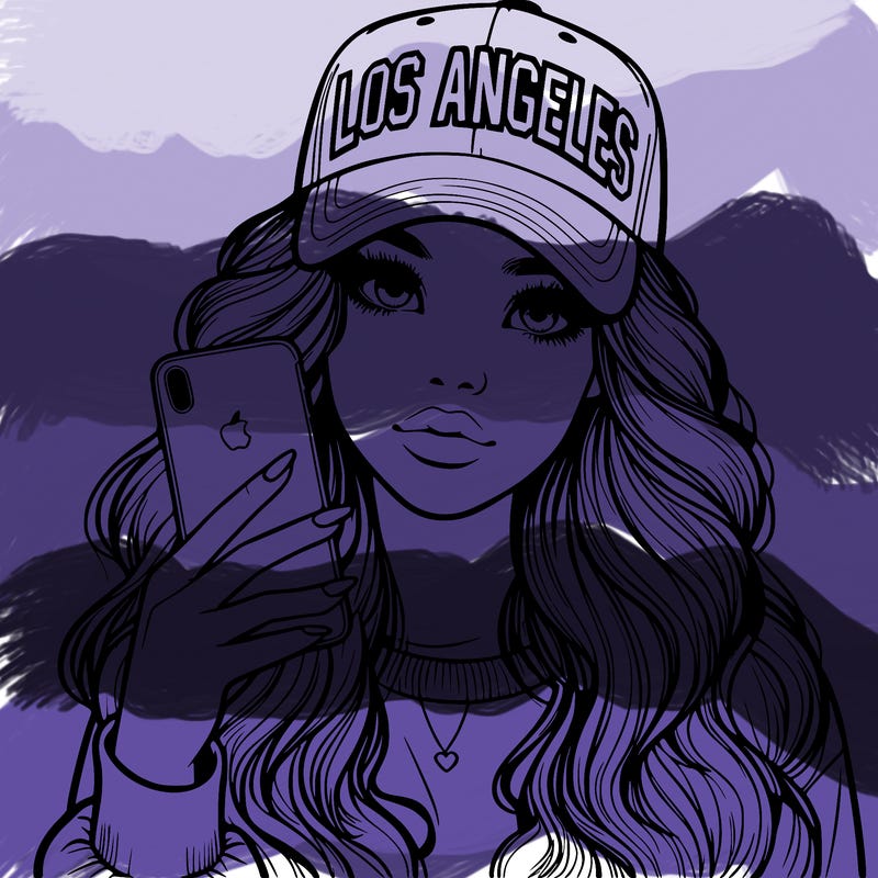realistic beautiful girl wearing los ángeles cap holding an iphone