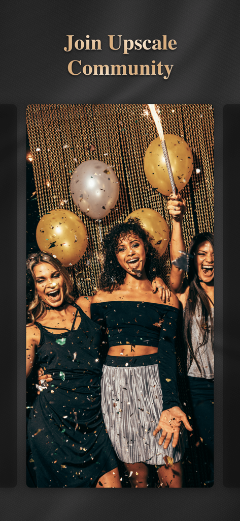 A group of elegant women celebrating at an upscale event with gold balloons and confetti