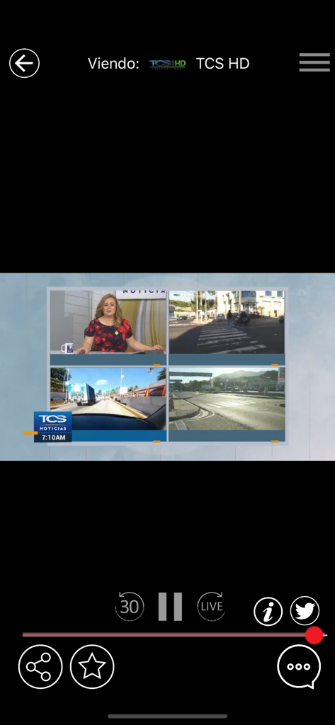A live news broadcast from El Salvador on the TCS GO app featuring a news anchor and split-screen traffic updates.