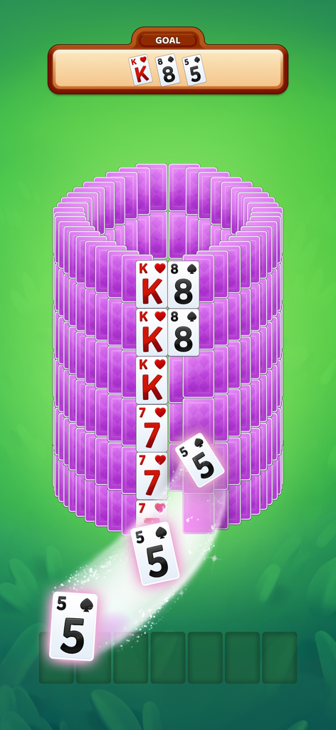 Card Match Solitaire - Gameplay von Card Match Solitaire, das ein einzigartiges zylindrisches Kartenlayout und Matching-Mechaniken auf einem grünen Hintergrund zeigt.