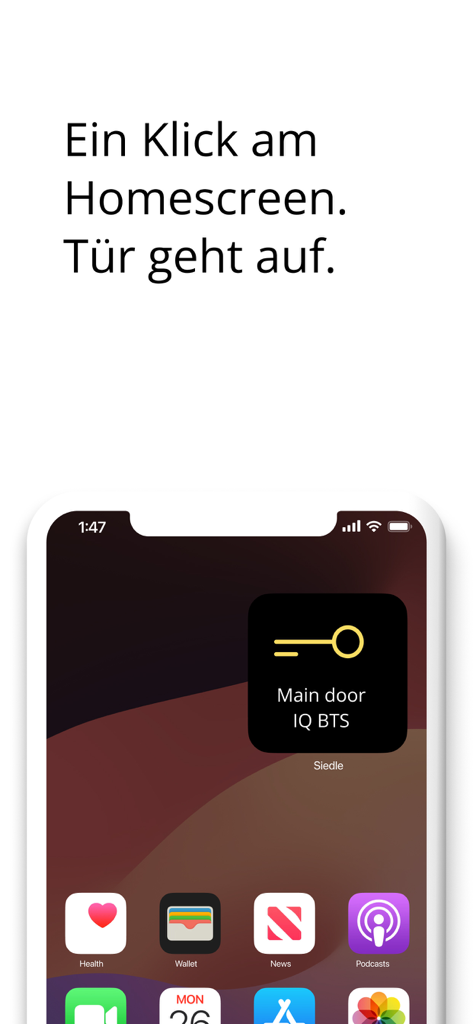 Siedle App - Widget inteligente de la Siedle App en la pantalla de inicio de un iPhone con un icono de llave para acceso rápido a la puerta