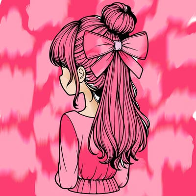 realistic girl  with hip length hair a bun and a big bow on the back of head