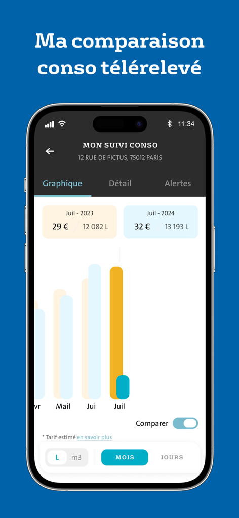 Veolia & moi - Eau - A smartphone screen showing a bar chart from the Veolia and moi app comparing year over year water consumption in liters and euros.