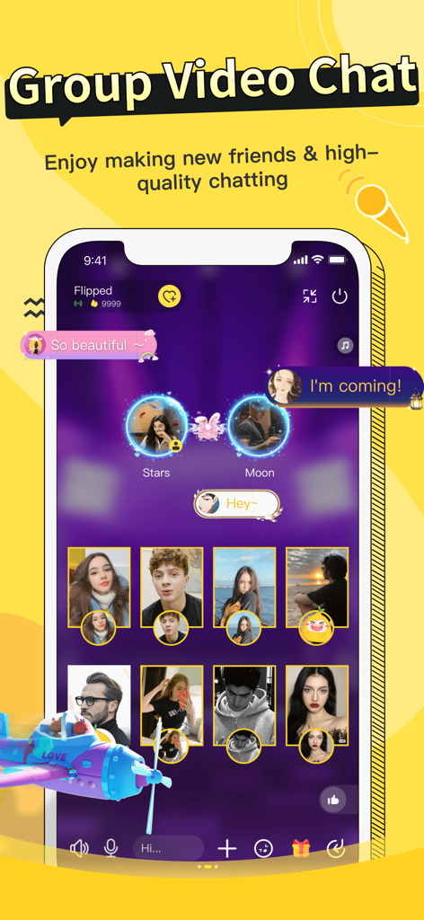 Lemo - Chill & Chat - Una captura de pantalla de la aplicación Lemo que muestra un video chat grupal con múltiples participantes y elementos de UI coloridos.
