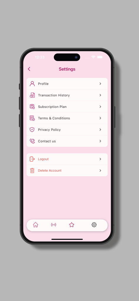 The settings menu of the Aditi Mistry app showing profile transaction history and subscription options on a pink background