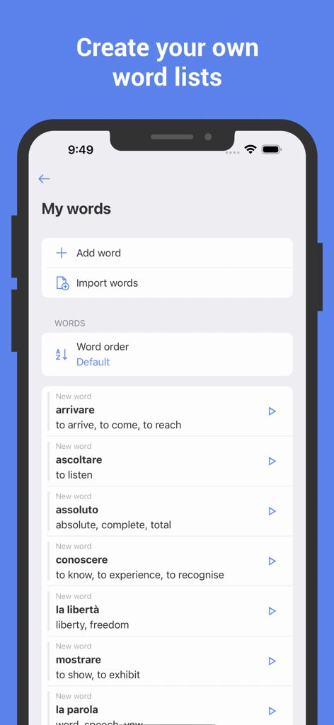 Oberfläche zum Erstellen benutzerdefinierter italienischer Wortlisten in der Karteikarten-App