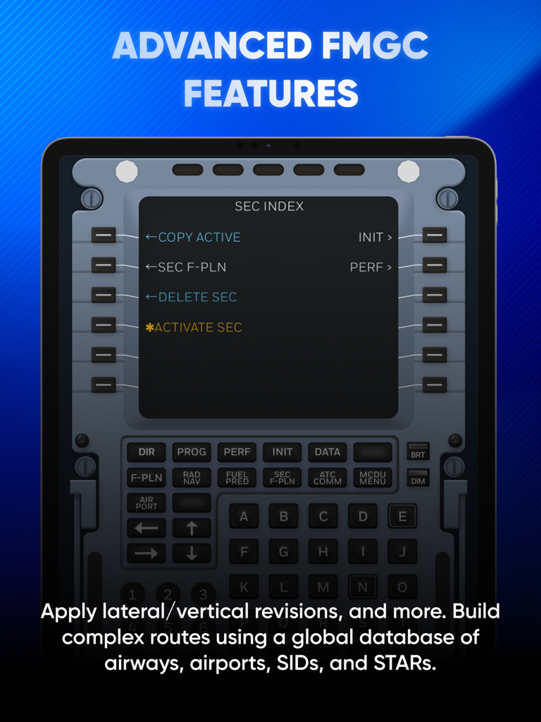 Aplicación de entrenamiento Airbus A320 FMS que muestra la página de índice secundario en un iPad