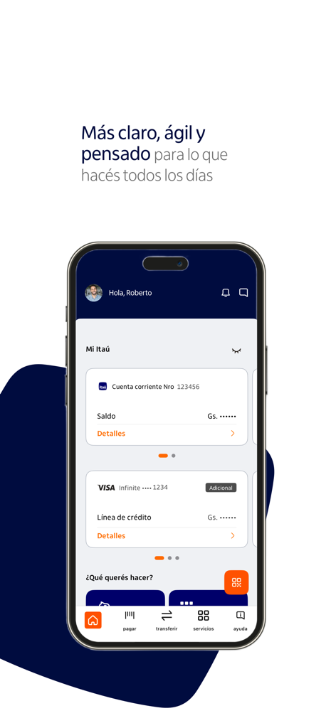 Itaú Personal Bank Paraguay - Panel de la aplicación móvil de Itaú Personal Bank Paraguay que muestra información de cuentas corrientes y tarjetas de crédito.