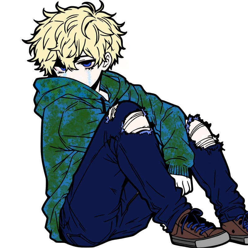 a male hoddie ripped jeans messy hair anime